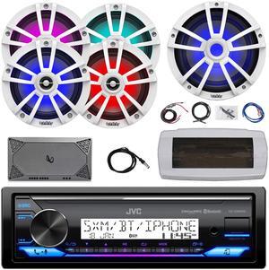 JVC KD-X38MBS Single-DIN Marine Bluetooth USB/AUX LED AM/FM SiriusXM Ready Stereo Receiver W/White Cover, 4x 6.5" 225W Peak Power Speakers, 10" RGB LED Subwoofer, 4-Channel Amplifier W/Kit, Antenna