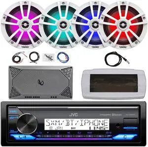 JVC KD-X38MBS Single-DIN Marine Bluetooth USB/AUX LED AM/FM SiriusXM Ready Stereo Receiver W/White Cover, 4x 6.5" 225W Max Power RGB LED White Boat Speakers, 4-Channel Compact Amplifier W/Kit, Antenna