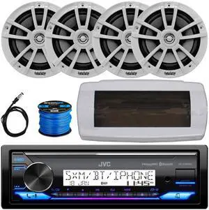 JVC KD-X38MBS Single-DIN Marine Bluetooth USB/AUX LED AM/FM SiriusXM Ready Stereo Receiver W/White Cover, 4x 6.5" 225W Max Power High-Performance 2-Way White Boat Speakers W/50 Feet Wire, 22" Antenna