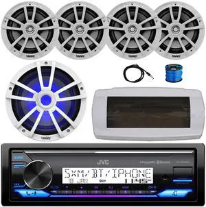 JVC KD-X38MBS Single-DIN Marine Bluetooth USB/AUX LED AM/FM SiriusXM Ready Stereo Receiver W/White Cover, 4x 6.5" 225W Max Power 2-Way White Boat Speakers W/Wire, 10" RGB LED Subwoofer, Radio Antenna