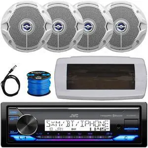 JVC KD-X38MBS Single-DIN Marine Bluetooth USB/AUX LED AM/FM SiriusXM Ready Stereo Receiver W/White Cover, 4x JBL 6.5" 180W Max Power Dual Cone Coaxial White Boat Speakers W/50 Feet Wire, 22" Antenna