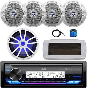 JVC KD-X38MBS Single-DIN Marine Bluetooth USB/AUX LED AM/FM SiriusXM Ready Stereo Receiver W/White Cover, 4x 6.5" 180W Max Power Dual Cone White Speakers W/Wire, 10" Multi-Element Subwoofer, Antenna