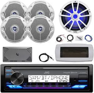JVC KD-X38MBS Single-DIN Marine Bluetooth USB/AUX LED AM/FM SiriusXM Ready Stereo Receiver W/White Cover, 4x 6.5" 180W Max Power White Boat Speakers, 10" Subwoofer, 4-Channel Amplifier W/Kit, Antenna