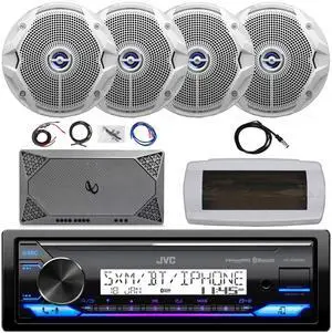 JVC KD-X38MBS Single-DIN Marine Bluetooth USB/AUX LED AM/FM SiriusXM Ready Stereo Receiver W/White Cover, 4x JBL 6.5" 180W Max Power Dual Cone Coaxial Speakers, 4-Channel Amplifier W/Kit, 22" Antenna