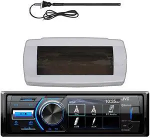 JVC KD-X560BT Single-DIN Marine Bluetooth USB/AUX MP3 AM/FM Radio Digital Media Stereo Receiver W/White Boat Stereo Splash Cover Bundle Combo With Black Flexible Rubber Mast Long Range Radio Antenna