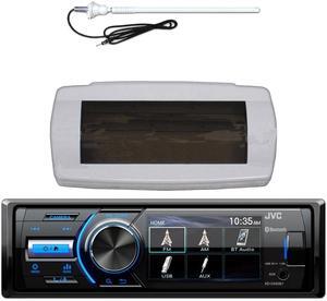 JVC KD-X560BT Single-DIN Marine Bluetooth USB/AUX MP3 AM/FM Radio Digital Media Stereo Receiver W/White Boat Stereo Splash Cover Bundle Combo With White Flexible Rubber Mast Long Range Radio Antenna