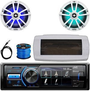 JVC KD-X560BT Single-DIN Marine Bluetooth USB/AUX MP3 AM/FM Radio Digital Media Stereo Receiver W/White Cover, 2x 6.5" 225W Max Power Waterproof Coaxial Boat White RGB LED Speakers W/Wire, 22" Antenna