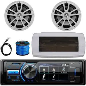 JVC KD-X560BT Single-DIN Marine Bluetooth USB/AUX MP3 AM/FM Radio Digital Media Stereo Receiver W/White Cover, 2x 6.5" 225W Max Power High-Performance 2-Way Boat Speakers W/50 Feet Wire, 22" Antenna