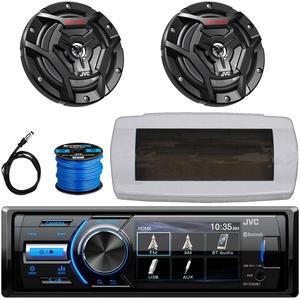 JVC KD-X560BT Single-DIN Marine Bluetooth USB/AUX MP3 AM/FM Radio Digital Media Stereo Receiver W/White Cover, 2x 6.5" 150W Max Power 2-Way Coaxial Black Boat Speakers W/50 Feet Wire, Radio Antenna
