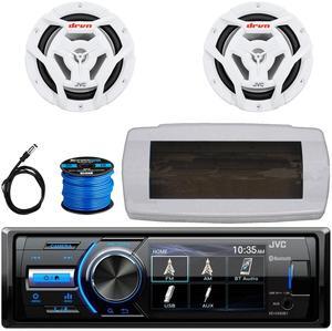 JVC KD-X560BT Single-DIN Marine Bluetooth USB/AUX MP3 AM/FM Radio Digital Media Stereo Receiver W/White Cover, 2x 6.5" 150W Max Power 2-Way Coaxial White Boat Speakers, 50 Feet Speaker Wire, Antenna