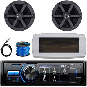 JVC KD-X560BT Single-DIN Marine Bluetooth USB/AUX MP3 AM/FM Radio Digital Media Stereo Receiver W/White Cover, 2x 6.5" 100W Max Power 2-Way Boat Speakers W/50 Feet 16 Gauge Wire, 22" Radio Antenna