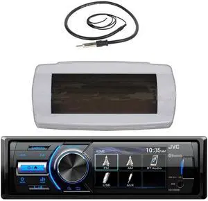 JVC KD-X560BT Single-DIN Marine Bluetooth USB/AUX MP3 AM/FM Radio Digital Media Stereo Receiver W/White Boat Stereo Splash Cover Bundle Combo With Black Flexible Hideaway Wired 22" Radio Antenna