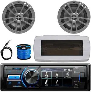 JVC KD-X560BT Single-DIN Marine Bluetooth USB/AUX MP3 AM/FM Radio Digital Media Stereo Receiver W/White Cover, 2x 6.5" 180W Max Power 2-Way Multi-Element Boat Gray Speakers W/50 Feet Wire, 22" Antenna