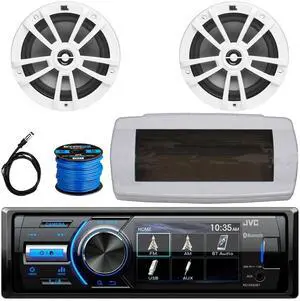 JVC KD-X560BT Single-DIN Marine Bluetooth USB/AUX MP3 AM/FM Radio Digital Media Stereo Receiver W/White Cover, 2x 6.5" 180W Max Power 2-Way Multi-Element Boat White Speakers W/50 Feet Wire, Antenna