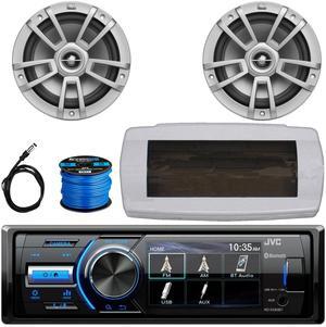JVC KD-X560BT Single-DIN Marine Bluetooth USB/AUX MP3 AM/FM Radio Digital Media Stereo Receiver W/White Cover, 2x 8" 375W Max Power High-Performance Boat Gray Speakers W/50 Feet Wire, Radio Antenna