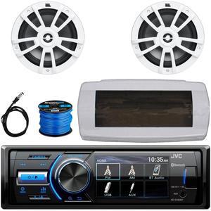 JVC KD-X560BT Single-DIN Marine Bluetooth USB/AUX MP3 AM/FM Radio Digital Media Stereo Receiver W/White Cover, 2x 8" 375W Max Power High-Performance Boat White Speakers, 50 Feet Speaker Wire, Antenna