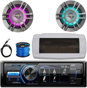JVC KD-X560BT Single-DIN Marine Bluetooth USB/AUX MP3 AM/FM Radio Digital Media Stereo Receiver W/White Cover, 2x 6.5" 300W Max Power 2-Way Coaxial Titanium Boat RGB LED Speakers W/Wire, 22" Antenna