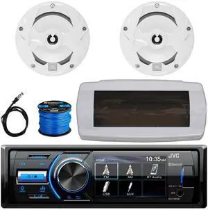 JVC KD-X560BT Single-DIN Marine Bluetooth USB/AUX MP3 AM/FM Radio Digital Media Stereo Receiver W/White Cover, 2x 6.5" 225W Max Power 2-Way Multi-Element Boat White Speakers W/50 Feet Wire, Antenna