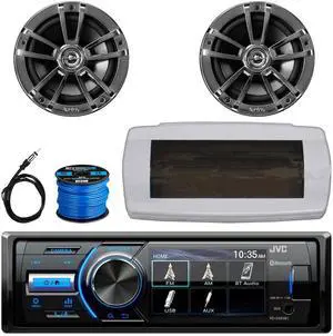 JVC KD-X560BT Single-DIN Marine Bluetooth USB/AUX MP3 AM/FM Radio Digital Media Stereo Receiver W/White Cover, 2x 6.5" 225W Max Power High-Performance 2-Way Boat Chrome Speakers W/Wire, Radio Antenna