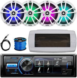 JVC KD-X560BT Single-DIN Marine Bluetooth USB/AUX MP3 AM/FM Radio Digital Media Stereo Receiver W/White Cover, 4x 6.5" 225W Max Power Waterproof Coaxial Boat White RGB LED Speakers W/Wire, 22" Antenna