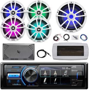 JVC KD-X560BT Single-DIN Marine Bluetooth USB/AUX MP3 AM/FM Radio Digital Media Stereo Receiver W/White Cover, 4x 6.5" 225W Max Speakers, 10" 750W Max Subwoofer, 4-Channel Amplifier W/Kit, 22" Antenna