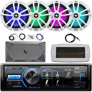 JVC KD-X560BT Single-DIN Marine Bluetooth USB/AUX MP3 AM/FM Radio Digital Media Stereo Receiver W/White Cover, 4x 6.5" 225W Max Coaxial White RGB LED Boat Speakers, 4-Channel Amplifier W/Kit, Antenna