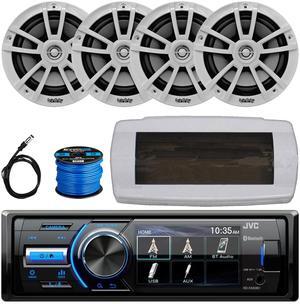 JVC KD-X560BT Single-DIN Marine Bluetooth USB/AUX MP3 AM/FM Radio Digital Media Stereo Receiver W/White Cover, 4x 6.5" 225W Max Power High-Performance 2-Way Boat Speakers W/50 Feet Wire, 22" Antenna