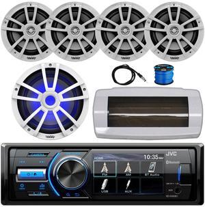 JVC KD-X560BT Single-DIN Marine Bluetooth USB/AUX MP3 AM/FM Radio Digital Media Stereo Receiver W/White Cover, 4x 6.5" 225W Max Power 2-Way Boat Speakers W/Wire, 10" 750W Max Power Subwoofer, Antenna