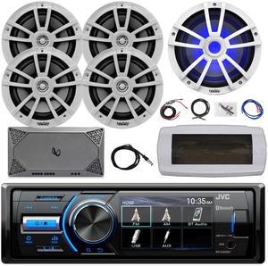 JVC KD-X560BT Single-DIN Marine Bluetooth USB/AUX MP3 AM/FM Radio Digital Media Stereo Receiver W/White Cover, 4x 6.5" 225W Peak Speakers, 10" RGB LED Subwoofer, 4-Channel Amplifier W/Kit, 22" Antenna