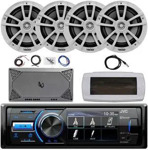 JVC KD-X560BT Single-DIN Marine Bluetooth USB/AUX MP3 AM/FM Radio Digital Media Stereo Receiver W/White Cover, 4x 6.5" 225W Max Power 2-Way Boat Speakers, 4-Channel Compact Amplifier W/Kit, Antenna