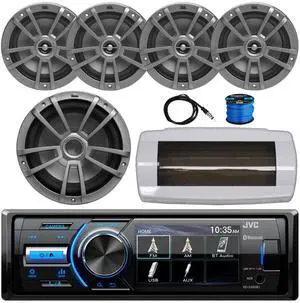 JVC KD-X560BT Single-DIN Marine Bluetooth USB/AUX MP3 AM/FM Radio Digital Media Stereo Receiver W/White Cover, 4x 6.5" 180W Max Power 2-Way Boat Speakers W/Wire, 10" 600W Peak Power Subwoofer, Antenna