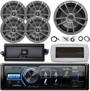 JVC KD-X560BT Single-DIN Marine Bluetooth USB/AUX MP3 AM/FM Radio Digital Media Stereo Receiver W/White Cover, 4x 6.5" 180W Max Speakers, 10" 600W Max Subwoofer, 4-Channel Amplifier W/Kit, 22" Antenna