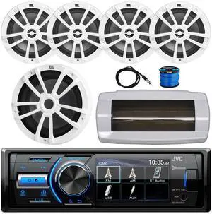 JVC KD-X560BT Single-DIN Marine Bluetooth USB/AUX MP3 AM/FM Radio Digital Media Stereo Receiver W/White Cover, 4x 6.5" 180W Max Power 2-Way Boat Speakers W/Wire, 10" 600W Max Power Subwoofer, Antenna