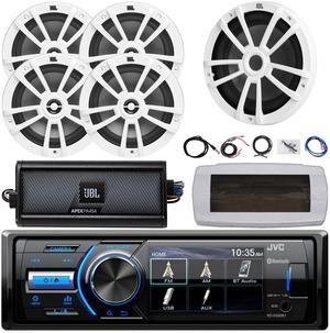 JVC KD-X560BT Single-DIN Marine Bluetooth USB/AUX MP3 AM/FM Radio Digital Media Stereo Receiver W/White Cover, 4x 6.5" 180W Max Power 2-Way Speakers, 10" Subwoofer, 4-Channel Amplifier W/Kit, Antenna