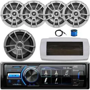 JVC KD-X560BT Single-DIN Marine Bluetooth USB/AUX MP3 AM/FM Radio Digital Media Stereo Receiver W/White Cover, 4x 8" 375W Max Power Boat Gray Speakers W/Wire, 10" 600W Max Power Subwoofer, Antenna
