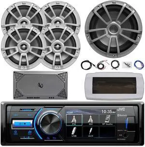 JVC KD-X560BT Single-DIN Marine Bluetooth USB/AUX MP3 AM/FM Radio Digital Media Stereo Receiver W/White Cover, 4x 8" 375W Max Speakers, 10" 600W Max Subwoofer, 4-Channel Amplifier W/Kit, 22" Antenna