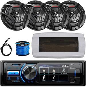 JVC KD-X560BT Single-DIN Marine Bluetooth USB/AUX MP3 AM/FM Radio Digital Media Stereo Receiver W/White Cover, 4x 6.5" 150W Max Power 2-Way Coaxial Black Boat Speakers W/50 Feet Wire, Radio Antenna