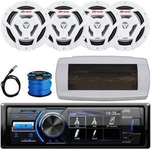 JVC KD-X560BT Single-DIN Marine Bluetooth USB/AUX MP3 AM/FM Radio Digital Media Stereo Receiver W/White Cover, 4x 6.5" 150W Max Power 2-Way Coaxial White Boat Speakers, 50 Feet Speaker Wire, Antenna