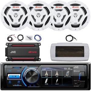 JVC KD-X560BT Single-DIN Marine Bluetooth USB/AUX MP3 AM/FM Radio Digital Media Stereo Receiver W/White Cover, 4x 6.5" 150W Max Power 2-Way Coaxial Boat Speakers, 4-Channel Amplifier W/Kit, Antenna