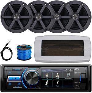 JVC KD-X560BT Single-DIN Marine Bluetooth USB/AUX MP3 AM/FM Radio Digital Media Stereo Receiver W/White Cover, 4x 6.5" 100W Max Power 2-Way Boat Speakers W/50 Feet 16 Gauge Wire, 22" Radio Antenna
