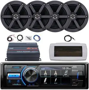 JVC KD-X560BT Single-DIN Marine Bluetooth USB/AUX MP3 AM/FM Radio Digital Media Stereo Receiver W/White Cover, 4x 6.5" 100W Max Power 2-Way Boat Speakers, 4-Channel Compact Amplifier W/Kit, Antenna