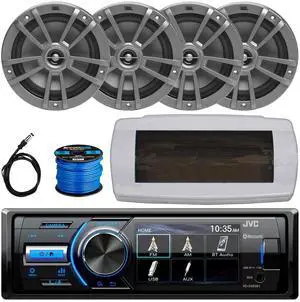 JVC KD-X560BT Single-DIN Marine Bluetooth USB/AUX MP3 AM/FM Radio Digital Media Stereo Receiver W/White Cover, 4x 6.5" 180W Max Power 2-Way Multi-Element Boat Gray Speakers W/50 Feet Wire, 22" Antenna