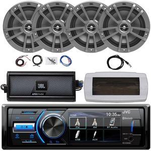 JVC KD-X560BT Single-DIN Marine Bluetooth USB/AUX MP3 AM/FM Radio Digital Media Stereo Receiver W/White Cover, 4x 6.5" 180W Max Power 2-Way Boat Gray Speakers, 4-Channel Amplifier W/Kit, 22" Antenna