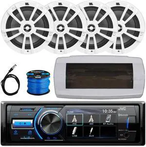 JVC KD-X560BT Single-DIN Marine Bluetooth USB/AUX MP3 AM/FM Radio Digital Media Stereo Receiver W/White Cover, 4x 6.5" 180W Max Power 2-Way Multi-Element Boat White Speakers W/50 Feet Wire, Antenna