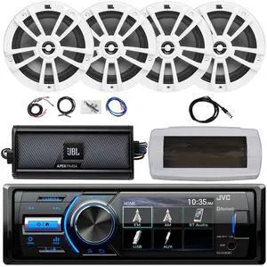 JVC KD-X560BT Single-DIN Marine Bluetooth USB/AUX MP3 AM/FM Radio Digital Media Stereo Receiver W/White Cover, 4x 6.5" 180W Max Power 2-Way White Speakers, 4 Channel Class D Amplifier W/Kit, Antenna