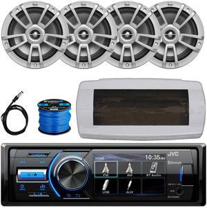JVC KD-X560BT Single-DIN Marine Bluetooth USB/AUX MP3 AM/FM Radio Digital Media Stereo Receiver W/White Cover, 4x 8" 375W Max Power High-Performance Boat Gray Speakers W/50 Feet Wire, Radio Antenna