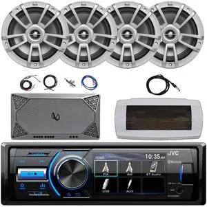 JVC KD-X560BT Single-DIN Marine Bluetooth USB/AUX MP3 AM/FM Radio Digital Media Stereo Receiver W/White Cover, 4x 8" 375W Max Power High-Performance Boat Speakers, 4-Channel Amplifier W/Kit, Antenna