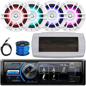 JVC KD-X560BT Single-DIN Marine Bluetooth USB/AUX MP3 AM/FM Radio Digital Media Stereo Receiver W/White Cover, 4x 6.5" 300W Max Power 2-Way Coaxial White Boat RGB LED Speakers W/50 Feet Wire, Antenna