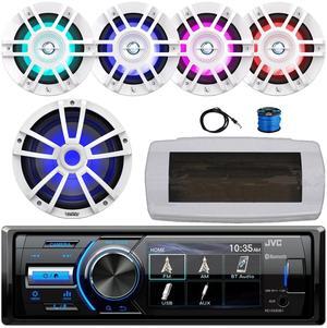JVC KD-X560BT Single-DIN Marine Bluetooth USB/AUX MP3 AM/FM Radio Digital Media Stereo Receiver W/White Cover, 4x 6.5" 300W Max 2-Way White RGB LED Speakers W/Wire, 10" 750W Max Subwoofer, Antenna