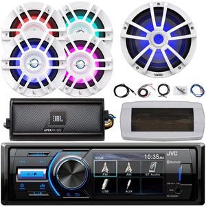 JVC KD-X560BT Single-DIN Marine Bluetooth USB/AUX MP3 AM/FM Radio Digital Media Stereo Receiver W/White Cover, 4x 6.5" 300W Max Speakers, 10" 750W Max Subwoofer, 2-Channel Amplifier W/Kit, Antenna